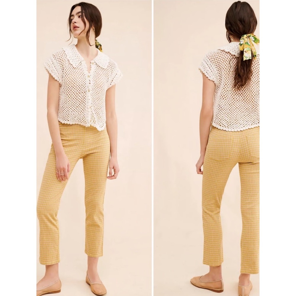 Free People "In My Feelings" Slim Crop Pants Gingham Yellow Pink Seersucker M